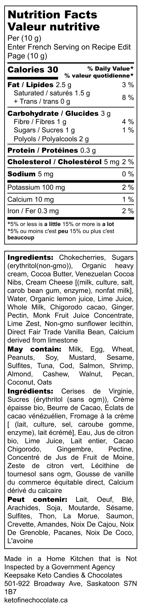 Chokecherry and Ginger - Nutrition Label