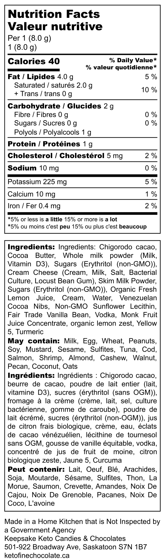 Lemon Cups - Nutrition Label