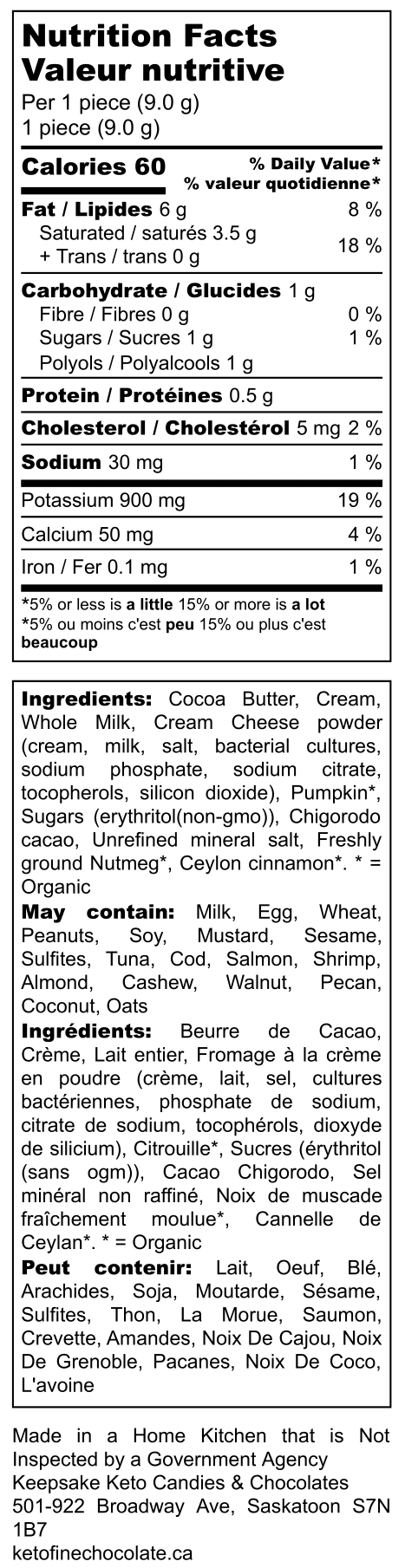 Pumpkin Truffle - Nutrition Label
