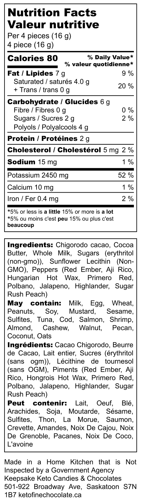 MonKKey Milketo Chigorodo Hot Pepper - Nutrition Label