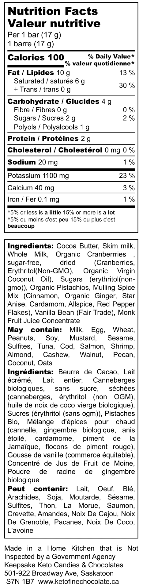 Image: MonKKey White-Keto Cranberry & Pistachio - Nutrition Label