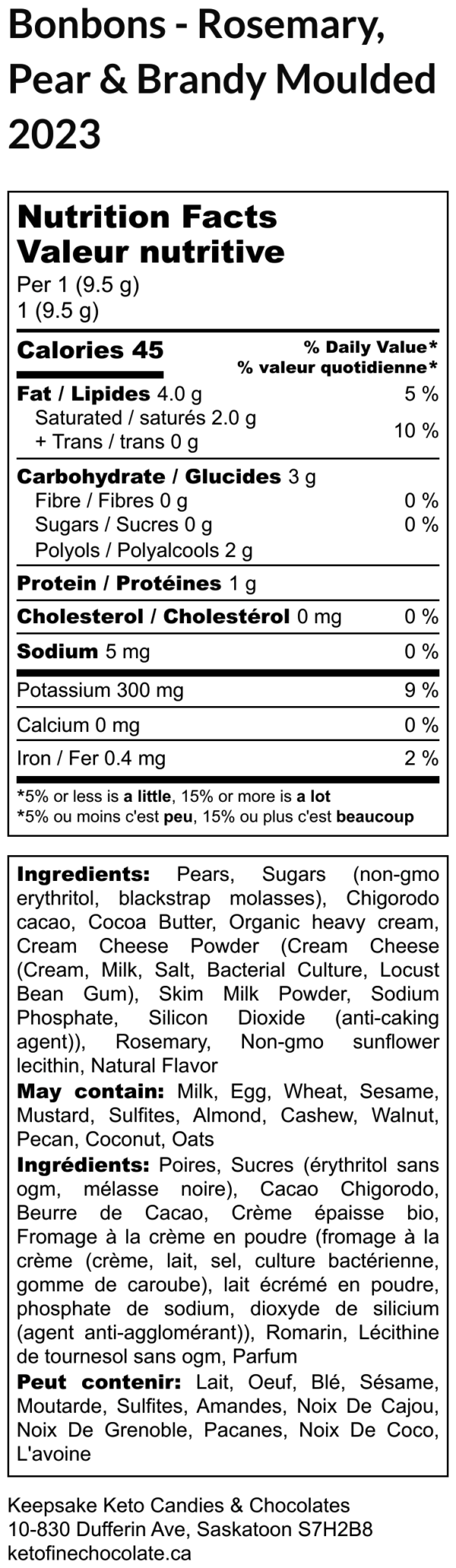 Bonbons - Rosemary- Pear & Brandy Moulded 2023 - Nutrition Label