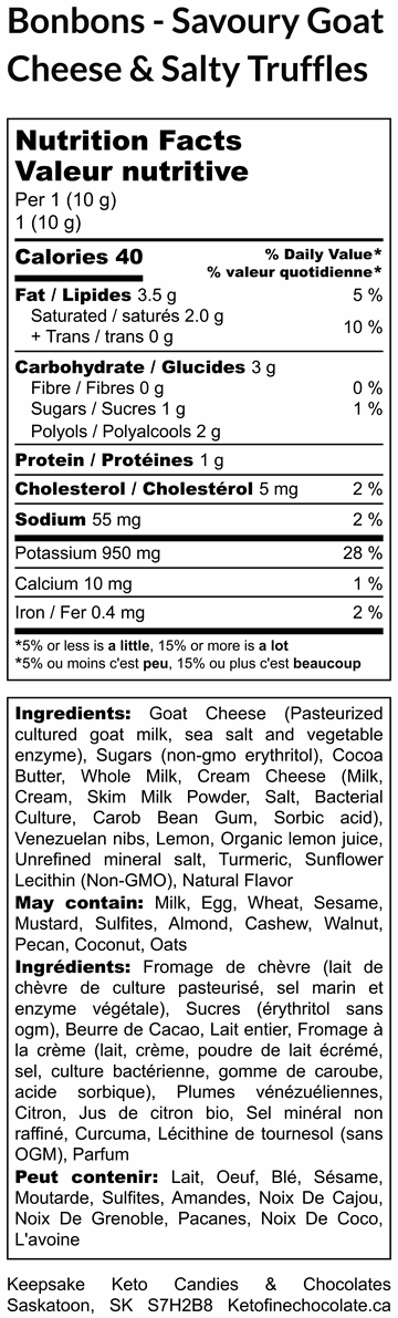 Bonbons - Savoury Goat Cheese & Salty Truffles - Nutrition Label(1)